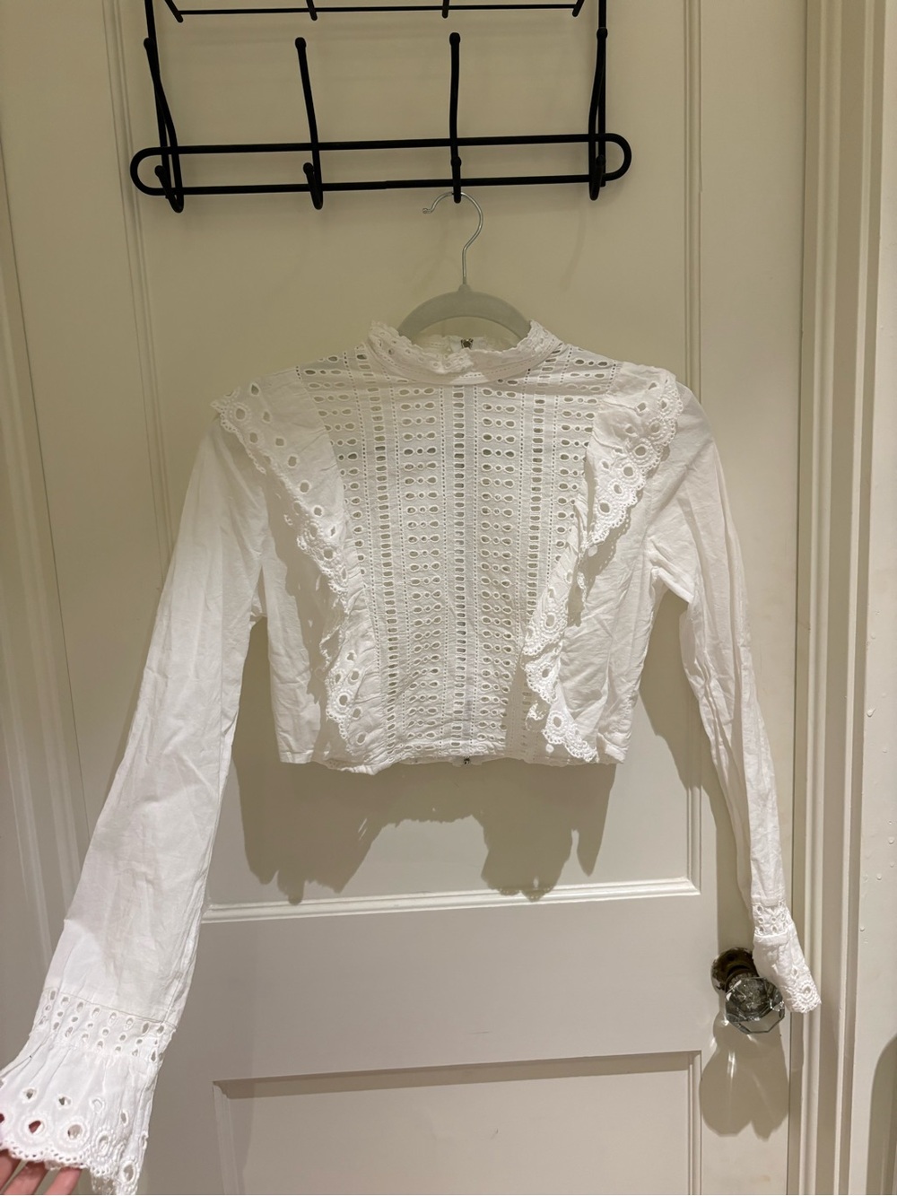 White Eyelet Lace Cropped Blouse with Ruffle Trim